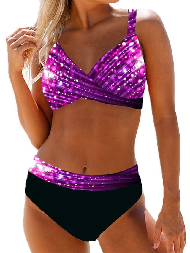 flowersverse Women's Swimwear Bikini 2 Piece Plus Size Swimsuit Open Back Printing Optical Illusion Gradient Color Blue Purple Halter V Wire Bathing Suits Sexy Vacation Fashion