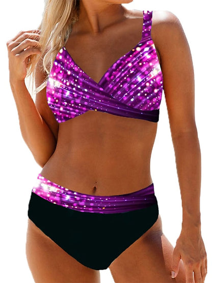 flowersverse Women's Swimwear Bikini 2 Piece Plus Size Swimsuit Open Back Printing Optical Illusion Gradient Color Blue Purple Halter V Wire Bathing Suits Sexy Vacation Fashion
