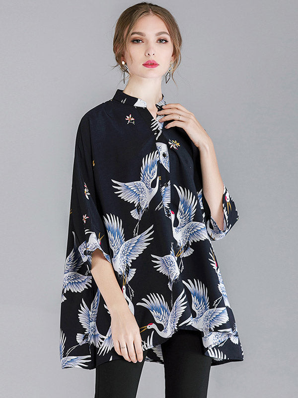 flowersverse Original Crane Printed Buttoned Stand Collar Half Sleeves Blouse