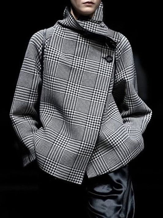 flowersverse Asymmetric Houndstooth Plaid Long Sleeves Loose Stand Collar Outerwear Jackets