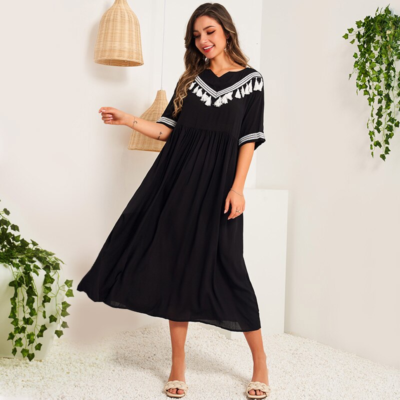 flowersverse Bohemian Style Cotton And Linen Tassel Round Neck Stitching Middle Sleeve Black Long A-line Dress