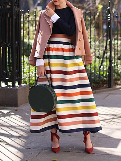 flowersverse High Waisted Contrast Color Striped Skirts Bottoms