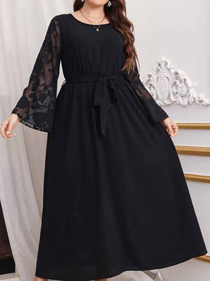 flowersverse Plus Size High Waist Black Polka Dot Patchwork Dress