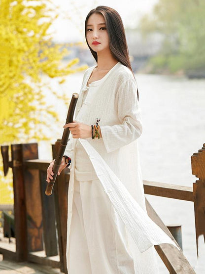 flowersverse Soft White Frog Ramie Cotton Linen Outwear Cardigan