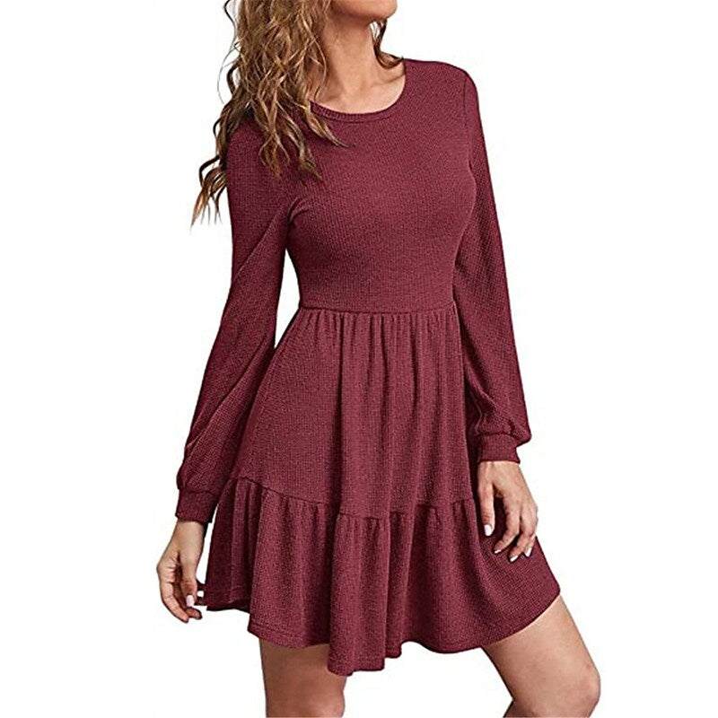 flowersverse Women's Casual Dress Sheath Dress Semi Formal Dress Plain Ruffle Crew Neck Mini Dress Basic Outdoor Daily Long Sleeve Regular Fit Black Red Light Brown Fall Spring S M L XL XXL