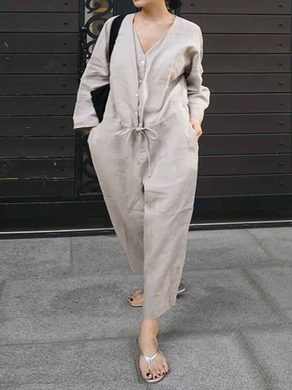 flowersverse Casual Linen V-neck Jumpsuit