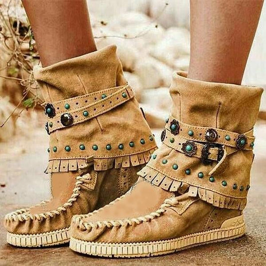 flowersverse Fashion Belt Buckles Tassel Boots