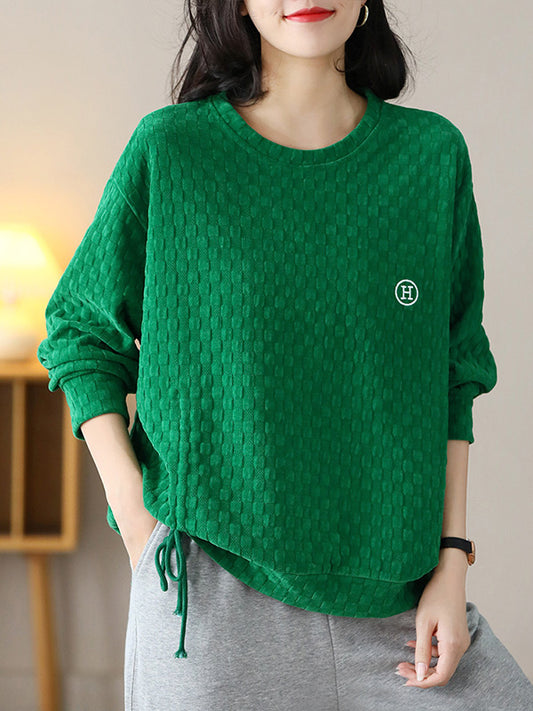 flowersverse Casual Loose Long Sleeves Drawstring Solid Color Textured Round-Neck Hoodies&Sweatshirt Tops