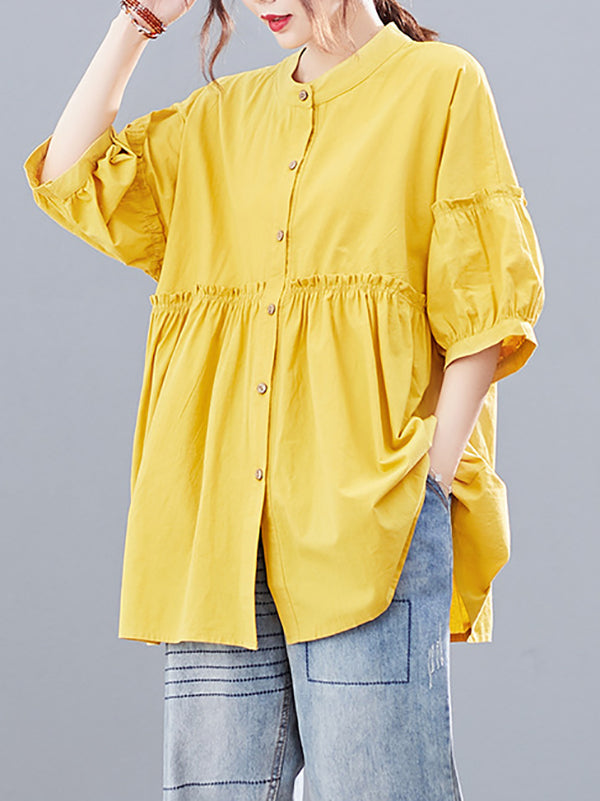 flowersverse Artistic Retro Loose Half Sleeves Pleated Falbala Split-Joint Solid Color Blouses