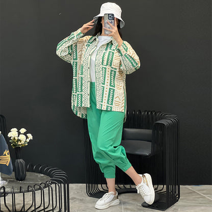 flowersverse Casual suit Loose Plus Size fashion women's long-sleeved shirt pants linen two-piece suit