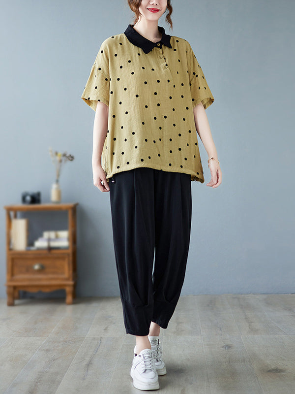 flowersverse Artistic Retro Loose Polka-Dot Blouse