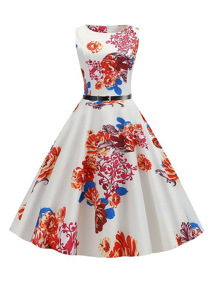 flowersverse Women's Elegant Retro Swing Dress Midi Dress Party Daily With Belt Print Floral Crew Neck Sleeveless Regular Fit Spring Summer  White Red S M L XL