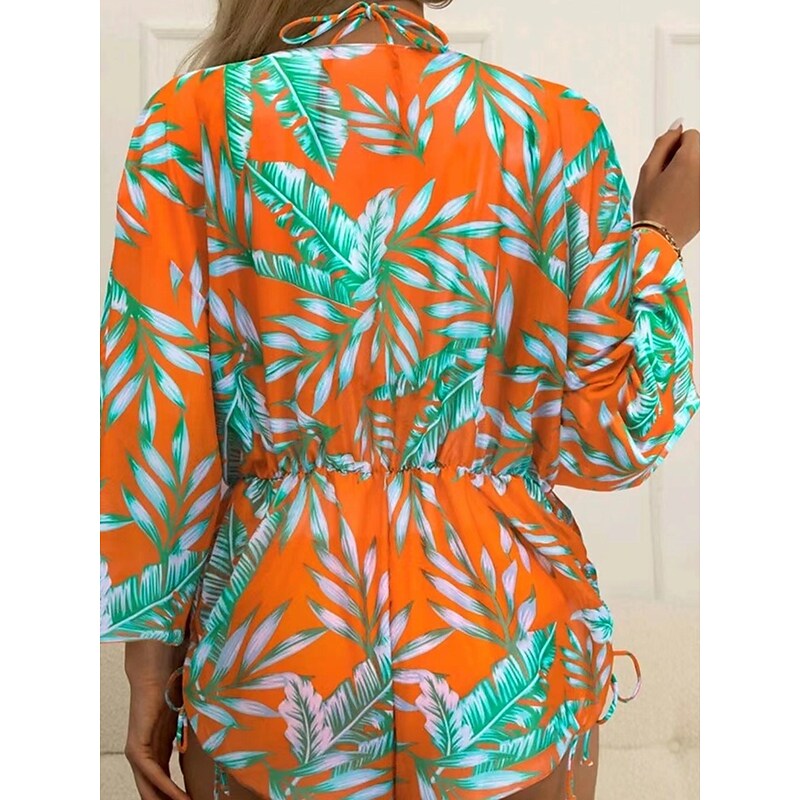flowersverse Women's Swimwear Bikini Normal Swimsuit 3-Piece Printing Leaf Geometic Black Orange Green Bathing Suits Sports Beach Wear Summer