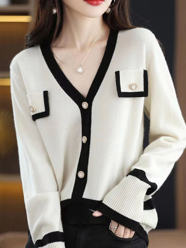 flowersverse Buttoned Long Sleeves Loose V-Neck Knitwear Cardigan Tops