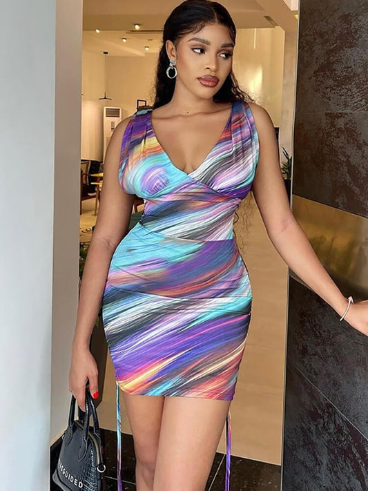 flowersverse Sleeveless Tie Dye Bodycon Mini Dresses