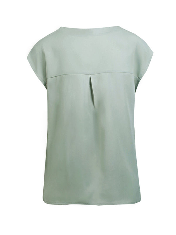 flowersverse Buttoned Solid Color Cap Sleeve Loose V-Neck Blouses&Shirts Tops