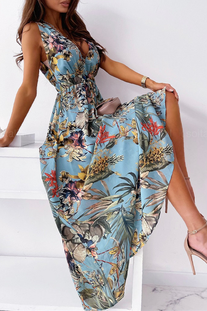 flowersverse Fashion Elegant Floral Split Joint V Neck A Line Dresses