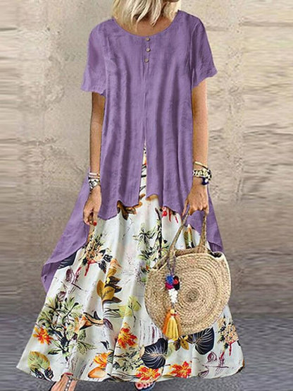 flowersverse Women's Maxi Long Dress - Short Sleeve Floral Layered Button Print Summer Plus Size Hot Casual Holiday Vacation Dresses Loose Purple Yellow Pink Orange Green M