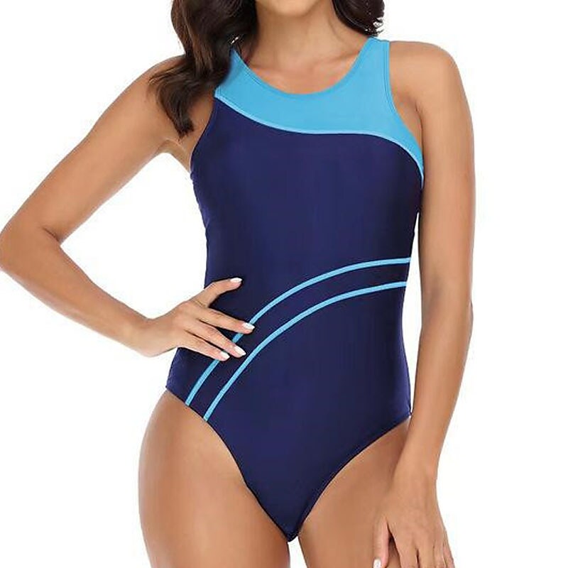 flowersverse Women's Swimwear One Piece Monokini Bathing Suits Normal Swimsuit Tummy Control Open Back Printing High Waisted Lines / Waves Green Blue Red Navy Blue Scoop Neck Bathing Suits Sports Vacation Fashion