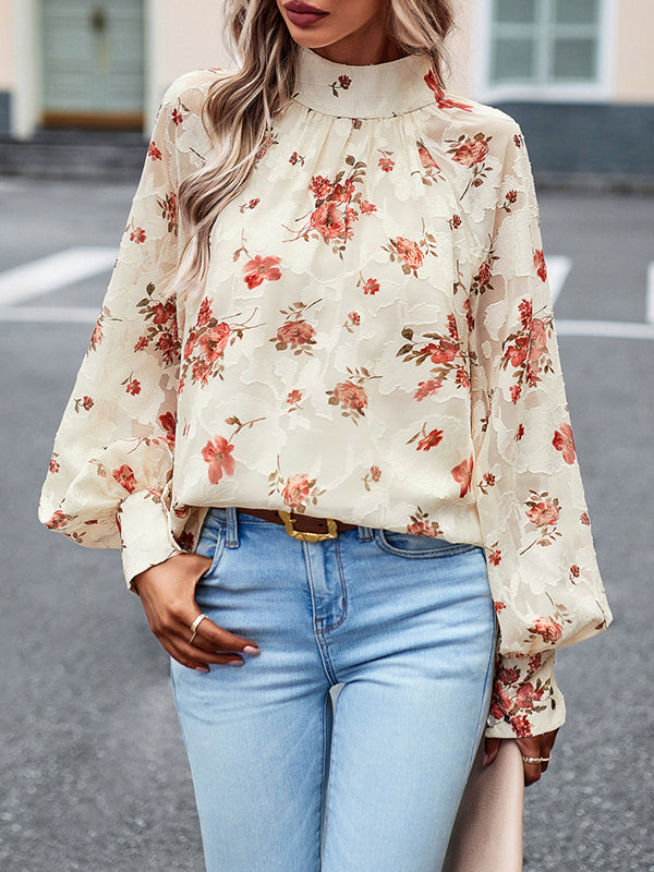 flowersverse Flower Print Tied Long Sleeves Loose Mock Neck Blouses&Shirts Tops