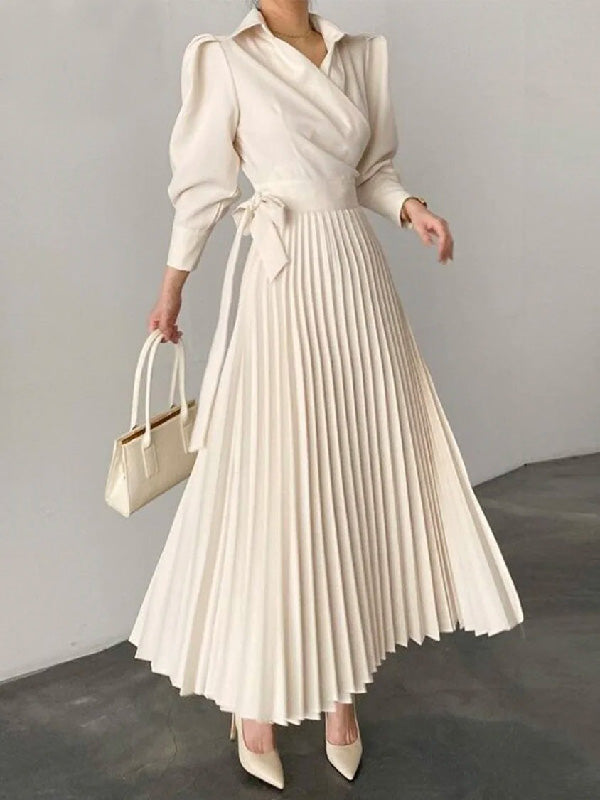 flowersverse Office Pleated Asymmetric Solid Color Lapel Maxi Dresses