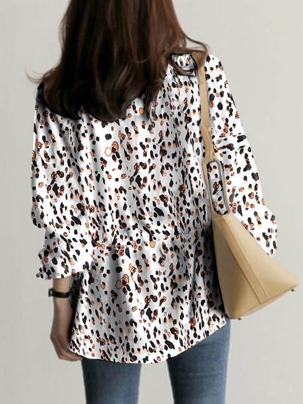 flowersverse Drawstring Elasticity Leopard Tied Long Sleeves Loose V-neck Blouses&shirts Tops