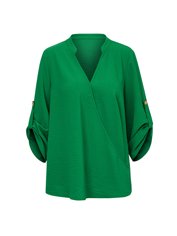 flowersverse Asymmetric Buttoned Solid Color Long Sleeves Loose V-Neck Blouses&Shirts Tops