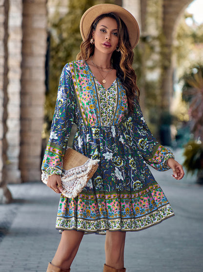 flowersverse Bohemian Chic Floral Print V-Neck Long Sleeve Dress