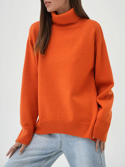 flowersverse Solid Color Long Sleeves Loose High Neck Sweater Tops Pullovers Knitwear