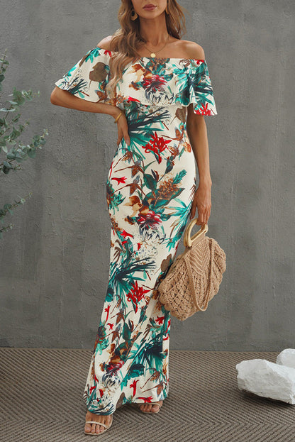 flowersverse Elegant Floral Layered Off-Shoulder Maxi Dress