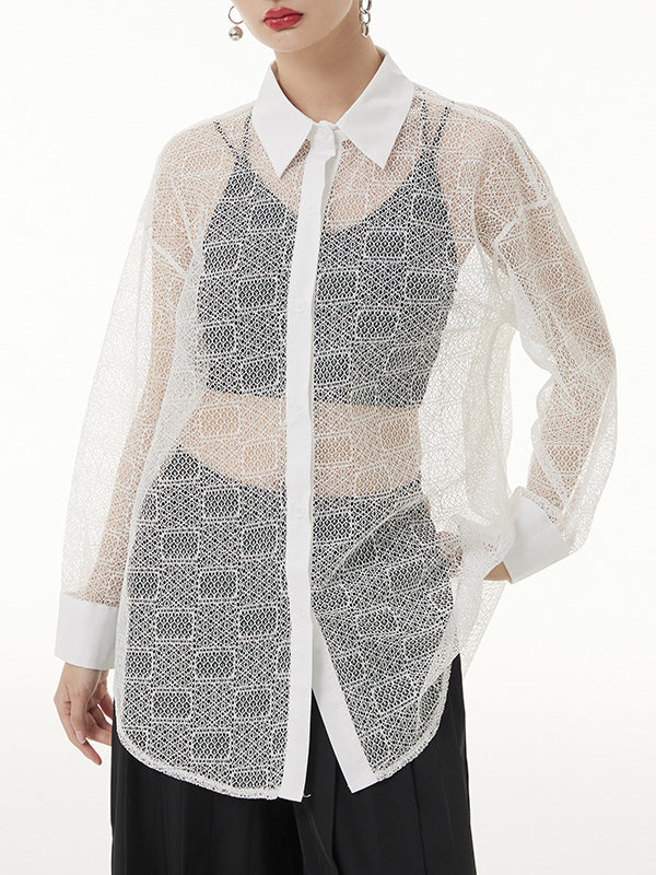 flowersverse Lacy See-Through Solid Color Long Sleeves Loose Lapel Blouses&shirts Tops