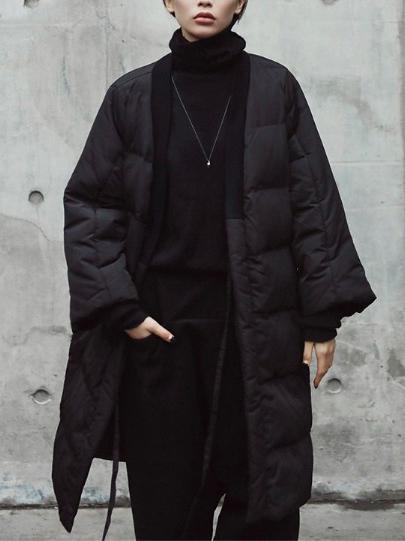 flowersverse Simple Black Lace-up Cotton-padded Cloths Coat Outwear