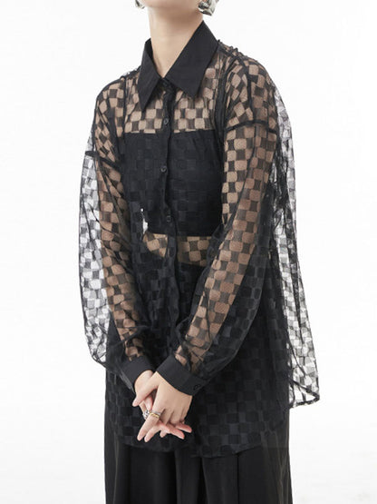 flowersverse See-Through Long Sleeves Loose Lapel Blouses&Shirts Tops