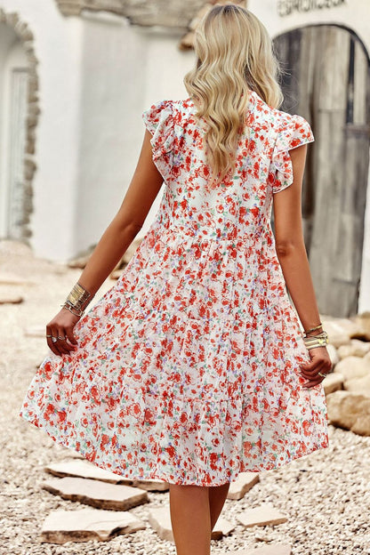 flowersverse Floral Flutter Sleeve Notched Neck Tiered Dress