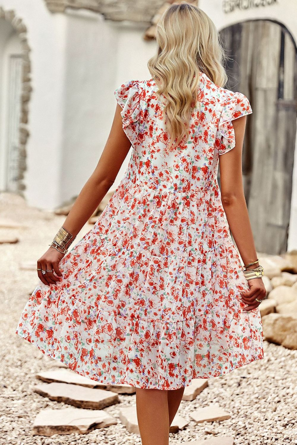 flowersverse Floral Flutter Sleeve Notched Neck Tiered Dress