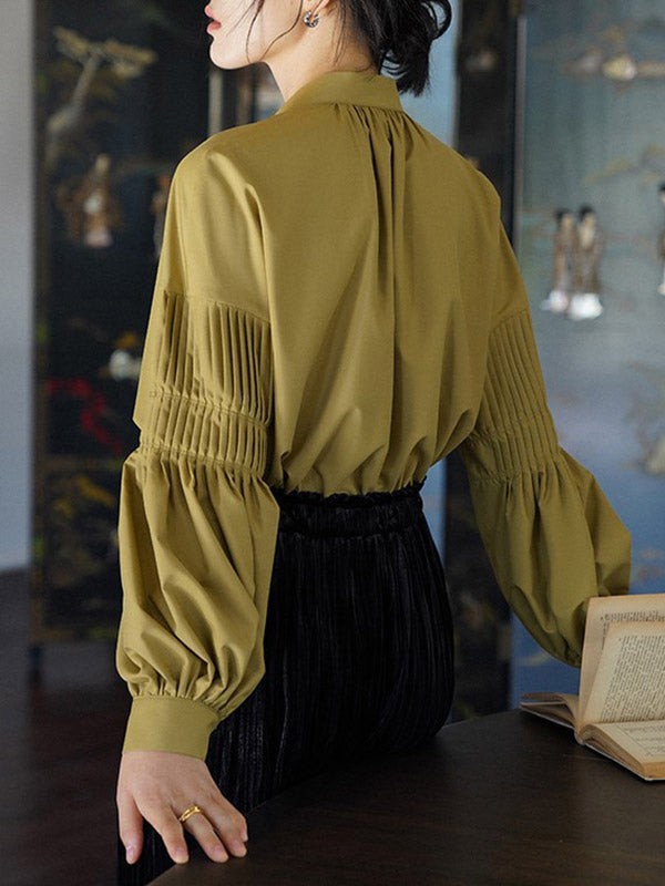 flowersverse Pleated Solid Color Tied Long Sleeves Loose Mock Neck Blouses&shirts Tops