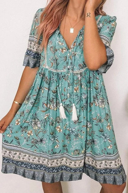 flowersverse V-Neck Floral Half Sleeve Tassel Dress