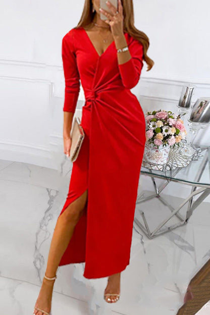 flowersverse Elegant Solid Slit Fold V Neck Evening Dress Dresses(4 Colors)