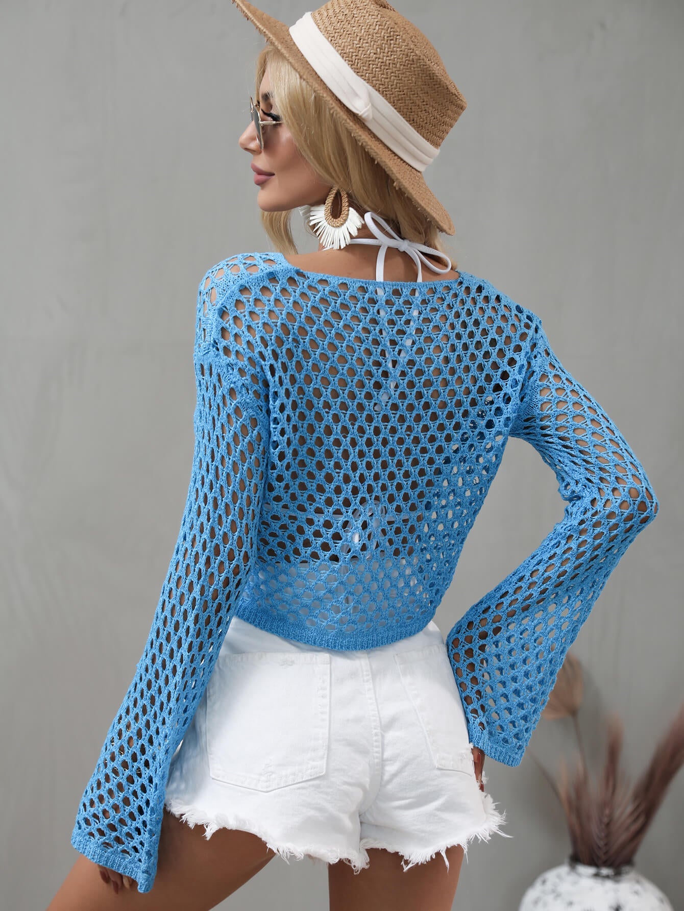 flowersverse Openwork Flare Sleeve Cropped Cover Up