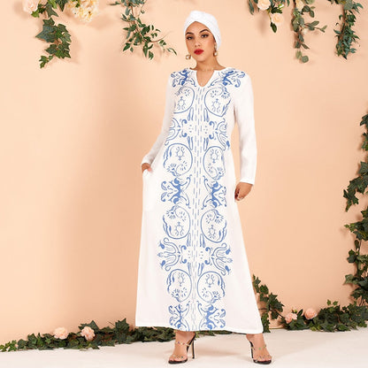 flowersverse Ladies Elegant Classical Floral Print Loose Large Size All-match Arab Dress Long Blue White Women's Dress