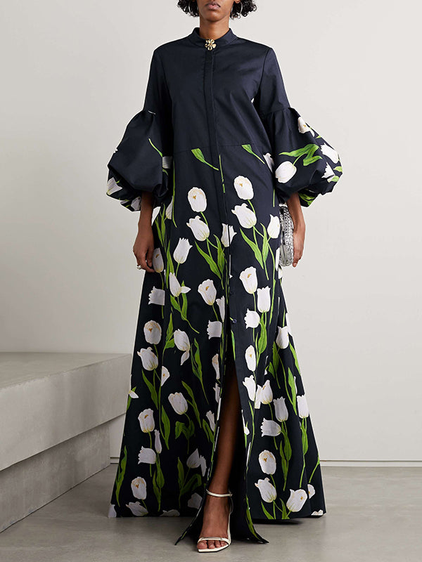 flowersverse Long Sleeves Loose Floral Floral Printed Pleated Split-Joint Stand Collar Trench Coats