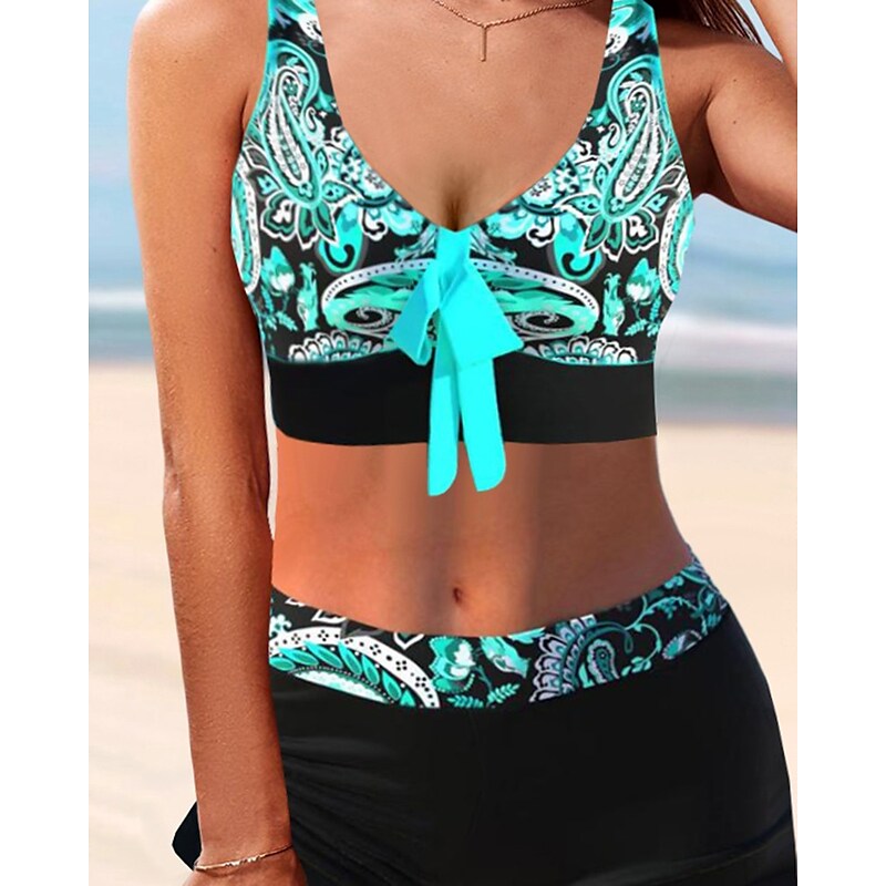 flowersverse Women's Swimwear Tankini 2 Piece Plus Size Swimsuit Printing Geometic Black Blue Purple Crop Top Bathing Suits Sports Summer