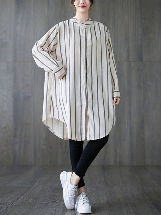 flowersverse Buttoned Striped Long Sleeves Loose Blouses&Shirts Tops