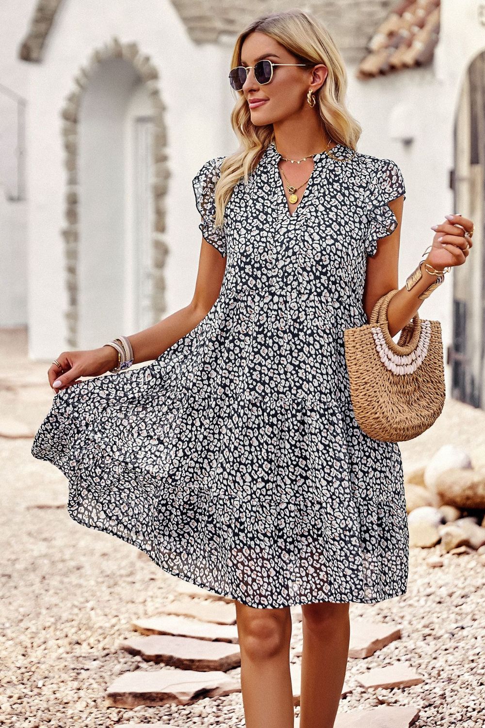 flowersverse Floral Flutter Sleeve Notched Neck Tiered Dress