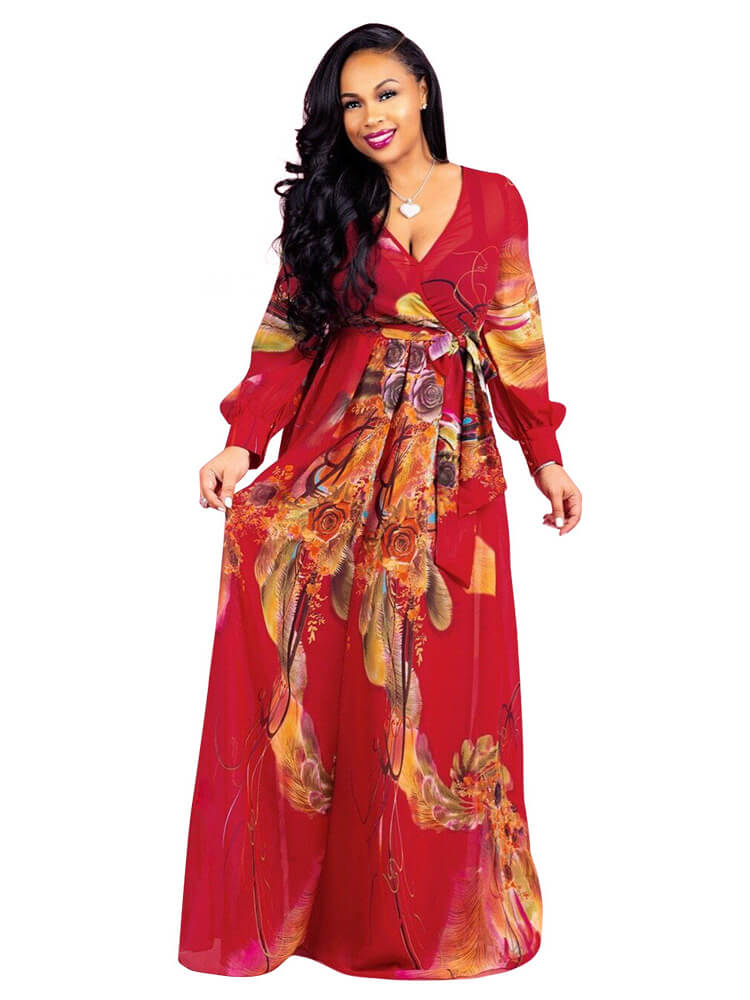 flowersverse Chiffon Floral Printed V Neck Wrap Boho Maxi Dresses