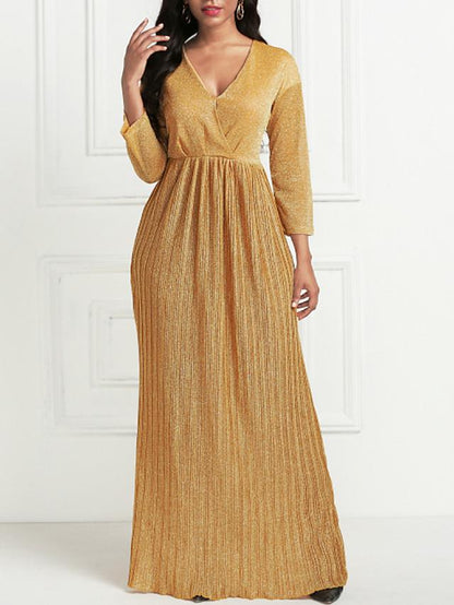 flowersverse Women's Maxi Long Dress Gold 3/4 Length Sleeve Pleated Summer V Neck Hot Formal