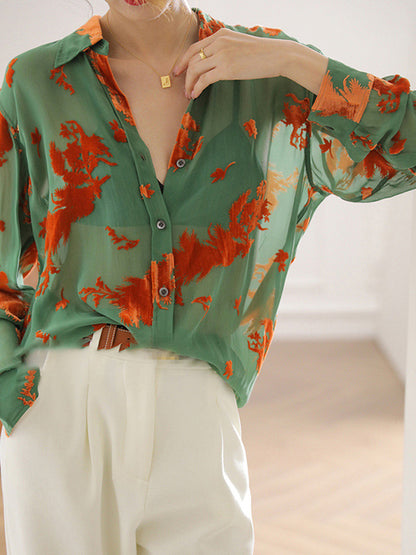 flowersverse Printed See-Through Long Sleeves Lapel Blouses&shirts Tops