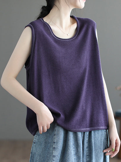 flowersverse Solid Color Loose Sleeveless Round-neck Knitting Vest Top