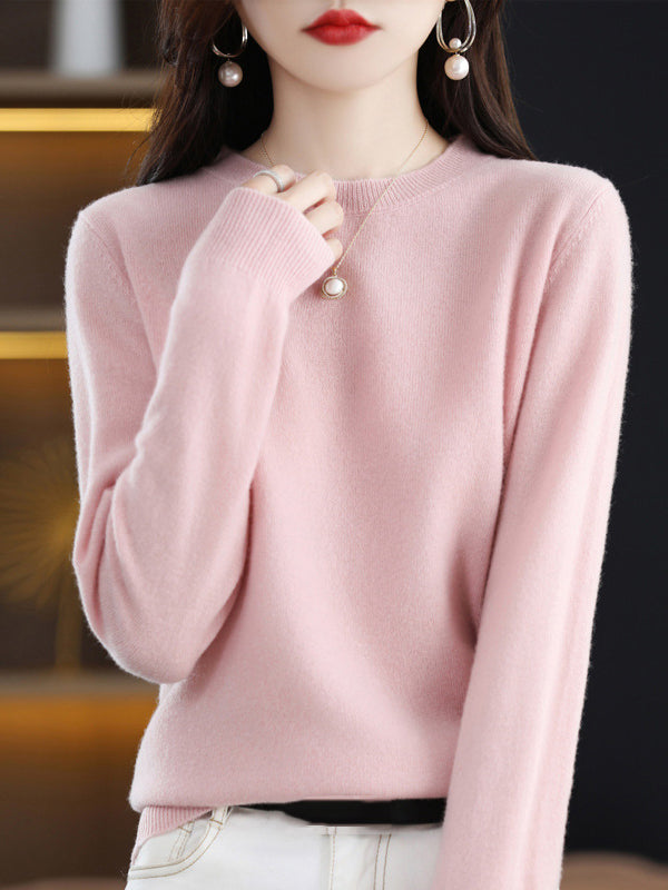 flowersverse Casual Long Sleeves Loose Solid Color Round-Neck Sweater Tops