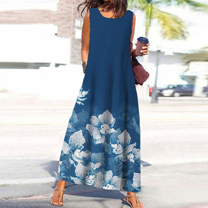 flowersverse Women's Casual Dress Shift Dress Long Dress Maxi Dress Navy Blue Blue Green Sleeveless Floral Print Spring Summer U Neck Vacation  S M L XL XXL 3XL